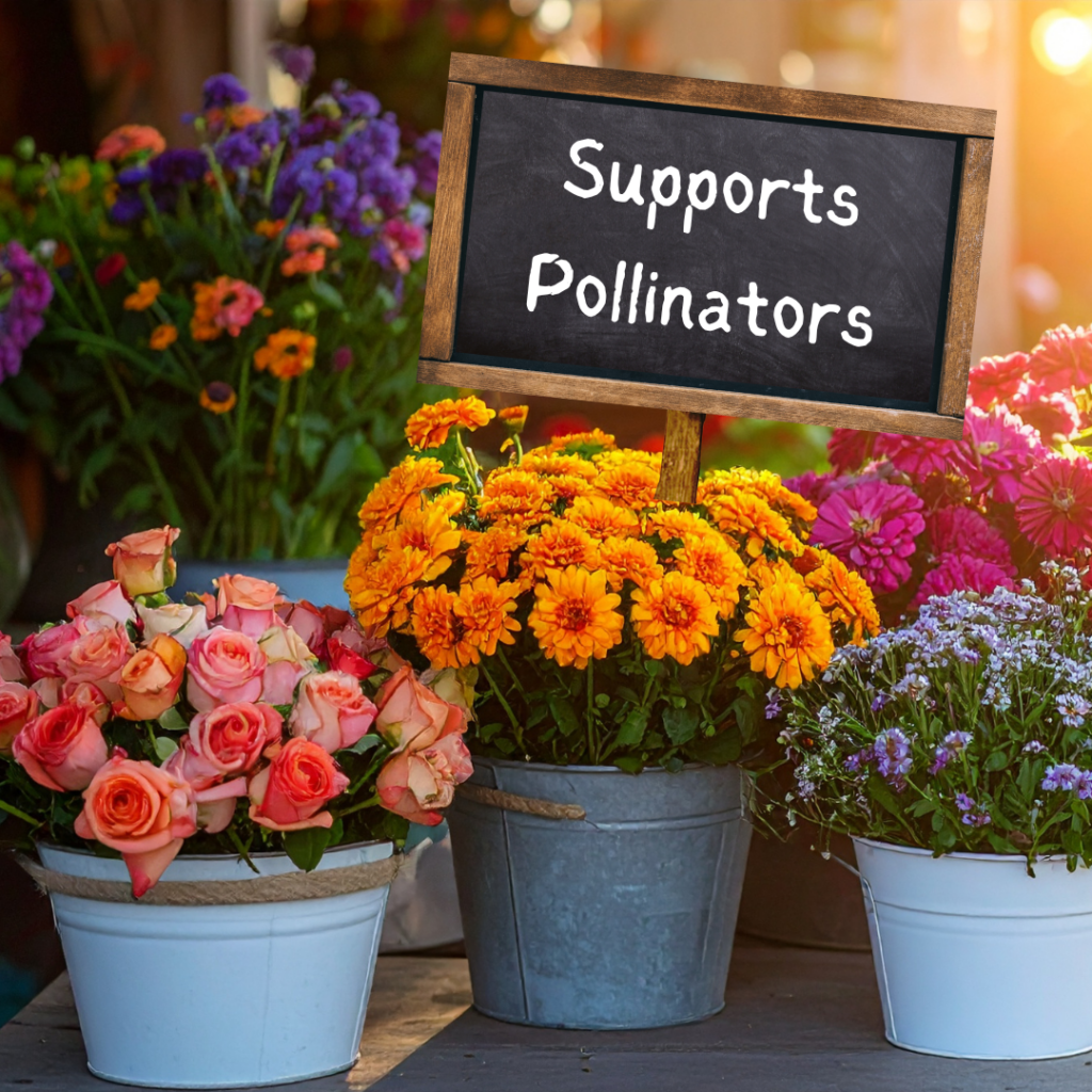 Brightly colored flowers in metal buckets. The center bucket contains a chalkboard that reads "Supports Pollinators".
