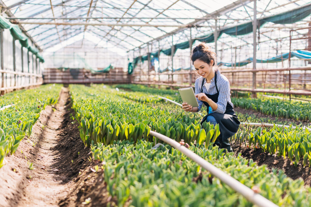Young woman using a digital tablet in a greenhouse